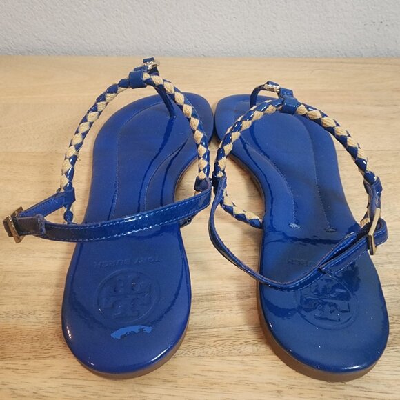 Tory Burch Sandals Womens Size 8 Blue Patent Leather Braided Thong Gold Logo - Picture 3 of 14